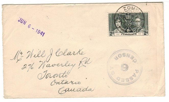 NYASALAND - 1941 2d rate censor cover to Canada with unrecorded 