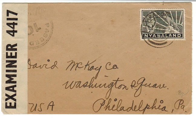 NYASALAND - 1941 2d rate censored cover to USA used at KARONGA.