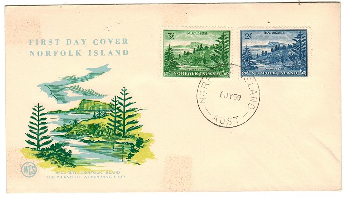 NORFOLK ISLAND - 1959 3d and 2/- on illustrated unaddressed FDC.