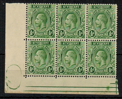 ST.VINCENT - 1921 1/2d green U/M block of six with green oval printers mark in margin.  SG 131.
