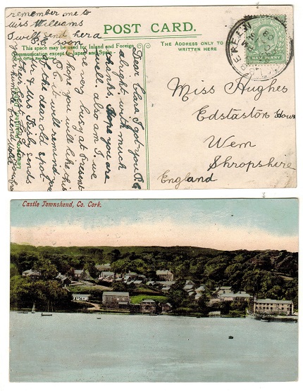 IRELAND - 1908 (OC.13.) 1/2d rate postcard use to UK cancelled by SKIBBEREEN cds.
