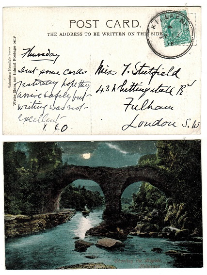 IRELAND - 1908 (JY.15.) 1/2d rate postcard use to UK cancelled KILLARNEY.
