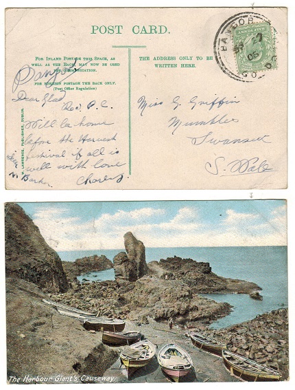 IRELAND - 1906 (SP.27.) 1/2d rate postcard use to UK cancelled BANGOR/CO.DOWN.
