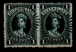QUEENSLAND - 1882 1 deep green pair cancelled 