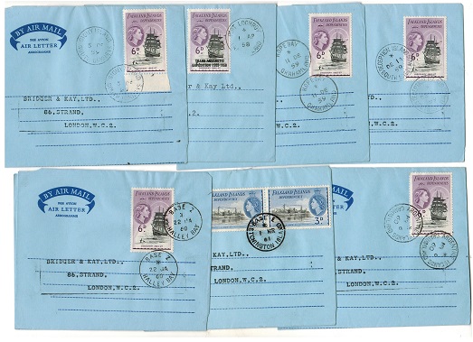 FALKLAND ISLANDS - 1957 range of 8 air letters to UK used from various bases.