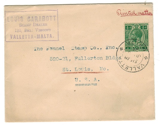 MALTA - 1921 1/2d rate cover to USA used at VALLETTA.