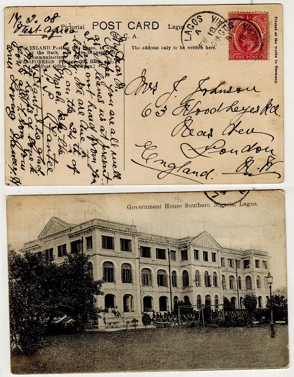 SOUTHERN NIGERIA - 1908 1d rate postcard use to UK used at LAGOS.