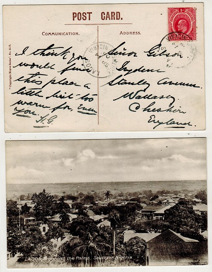 SOUTHERN NIGERIA - 1908 1d rate postcard use to UK used at LAGOS.