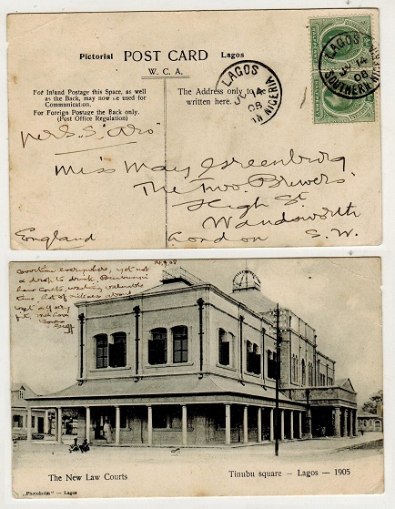 SOUTHERN NIGERIA - 1908 1d rate postcard use to UK used at LAGOS.