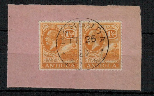 BARBUDA - 1929 1 1/2d dull orange adhesive pair of Antigua cancelled BARBUDA.