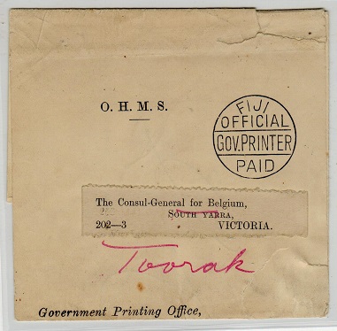 FIJI - 1905 (circa) OHMS wrapper to Australia struck  FIJI/OFFICIAL/GOV.PRINTER/PAID.