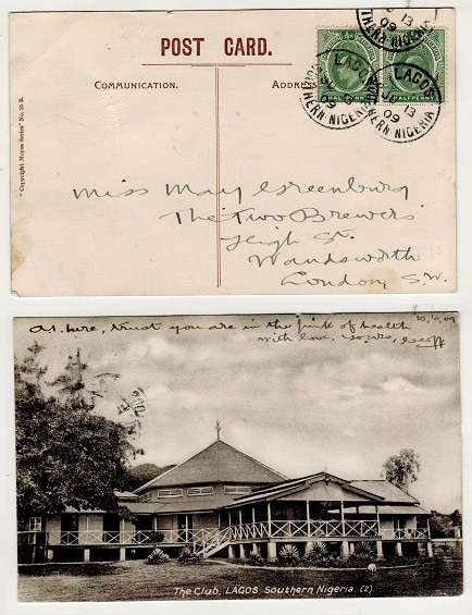SOUTHERN NIGERIA - 1909 1d rate postcard use to UK used at LAGOS.