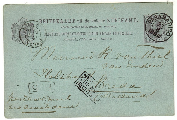 SURINAM - 1896 5c violet on blue PSC to Holland with Royal Dutch Line handstamp.