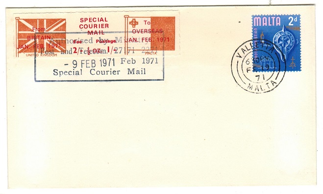 MALTA - 1971 3/- SPECIAL COURIER MAIL/UK TO MALTA
label on cto