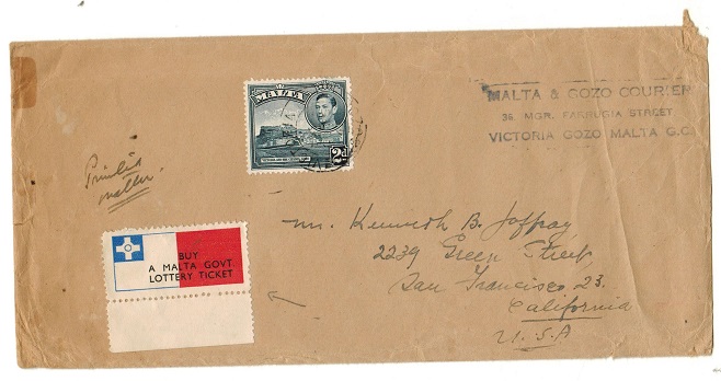 MALTA - 1948 2d surface mail cover to USA from VICTORIA/GOZO with LOTTERY ticket label applied.