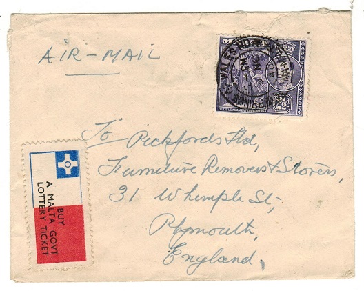 MALTA - 1948 2 1/2d rate cover to UK used at PRINCE OF WALES RD with LOTTERY ticket label applied.