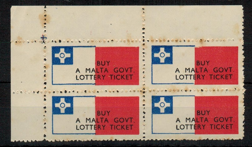 MALTA - 1948 BUY/MALTA GOV.T/LOTTERY TICKET label in a unused block of four.