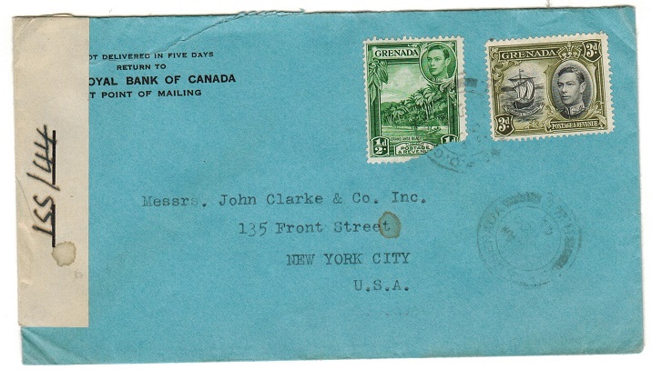 GRENADA - 1943 3 1/2d rate censored cover to USA.
