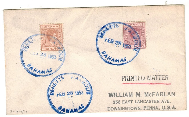BAHAMAS - 1953 2d rate cover to USA used at BENNETTS HARBOUR.