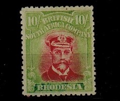 RHODESIA - 1922-23 10/- pale crimson and pale yellow green (colour variation) U/M.  SG 309.

