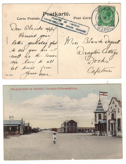 SOUTH WEST AFRICA - 1915 1/2d rate censored postcard use to Cape Town from KARIBIB.