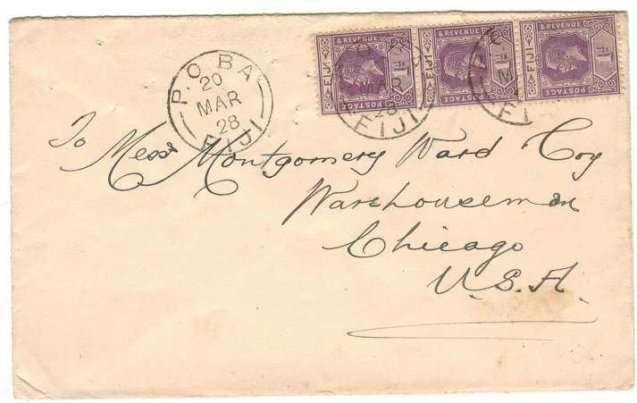FIJI - 1928 3d rate cover to USA used at BA/FIJI.
