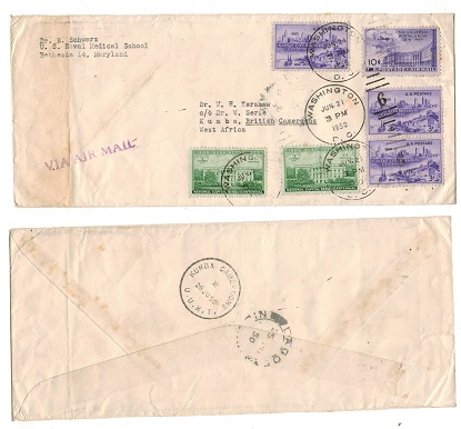 CAMEROONS - 1950 inward cover from USA with KUMBA CAMEROONS/U.U.K.T. skeleton arrival b/s.