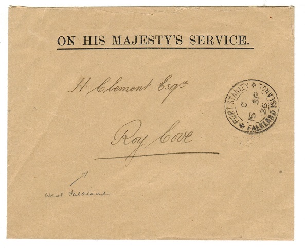 FALKLAND ISLANDS - 1926 OHMS envelope used locally to Roy Cove from PORT STANLEY.