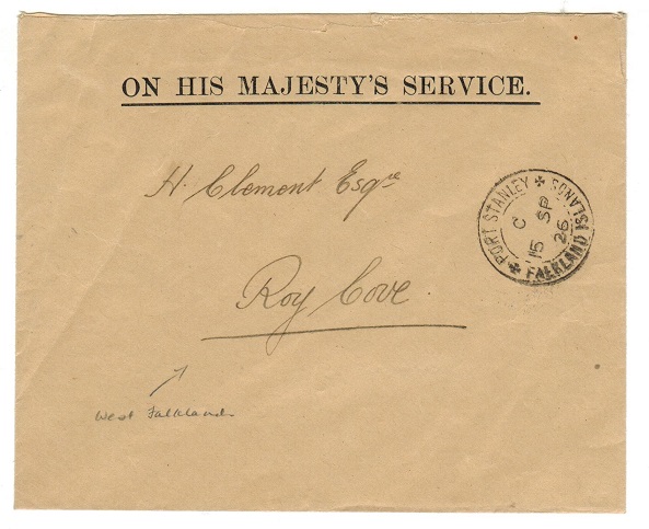 FALKLAND ISLANDS - 1926 OHMS envelope used locally to Roy Cove from PORT STANLEY.