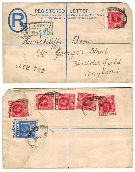 NIGERIA - 1914 2d ultramarine RPSE to UK struck LATE FEE. H&G 1.