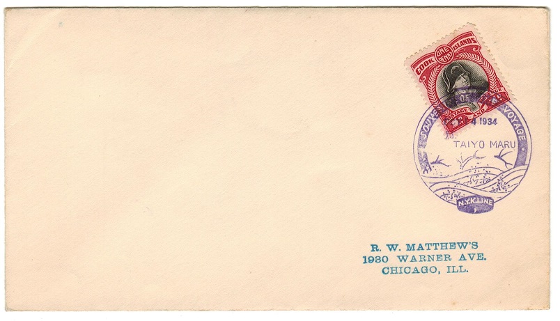 COOK ISLANDS - 1934 1d rate maritime cover to USA used on the TAIYO MARU.
