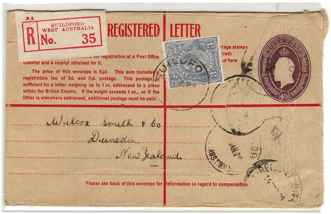 AUSTRALIA - 1928 4 1/2d violet RPSE to New Zealand uprated at GUILDFORD.  H&G 26.