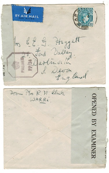 NIGERIA - 1944 1/3d rate censor cover to UK used at WARRI.
