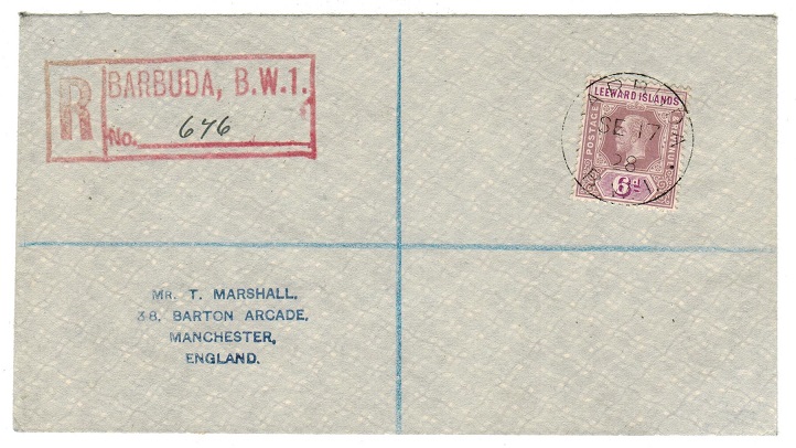 BARBUDA - 1928 6d rate registered cover to UK used at BARBUDA.
