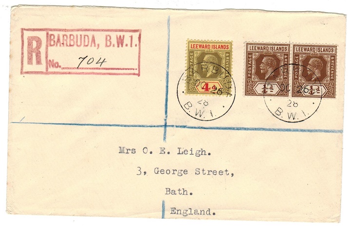 BARBUDA - 1928 4 1/2d rate registered cover to UK used at BARBUDA.