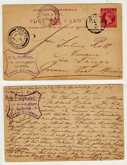 NATAL - 1893 1d carmine PSC to Tanga cancelled 
