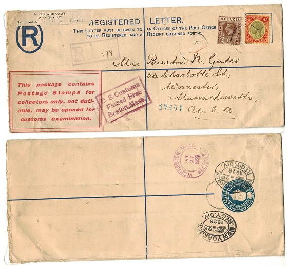 ST.LUCIA - 1923 3d blue RPSE to USA uprated and with unusual