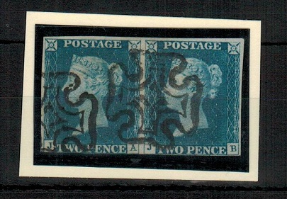 GREAT BRITAIN - 1840 2d blue plate 1 pair struck by Maltese cross.  SG 5.