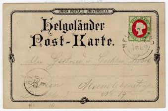 HELIGOLAND - 1889 use of coloured UPU postcard with 1 1/2d (10pfg) stamp.