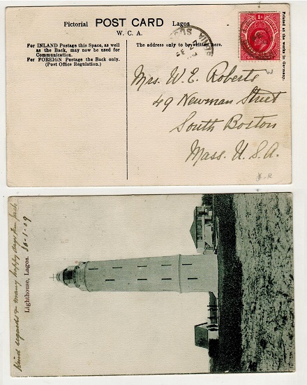 SOUTHERN NIGERIA - 1909 1d rate postcard use to USA used at LAGOS.