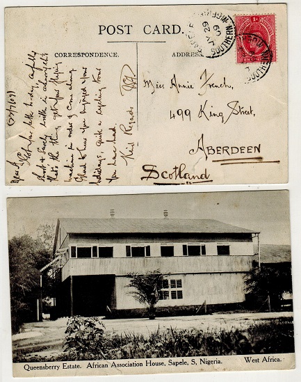 SOUTHERN NIGERIA - 1909 1d rate postcard use to UK used at SAPELE.