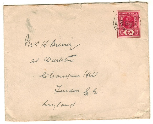 CEYLON - 1908 6c carmine-rose PSE to UK used at MADULKELE.  H&G 26.