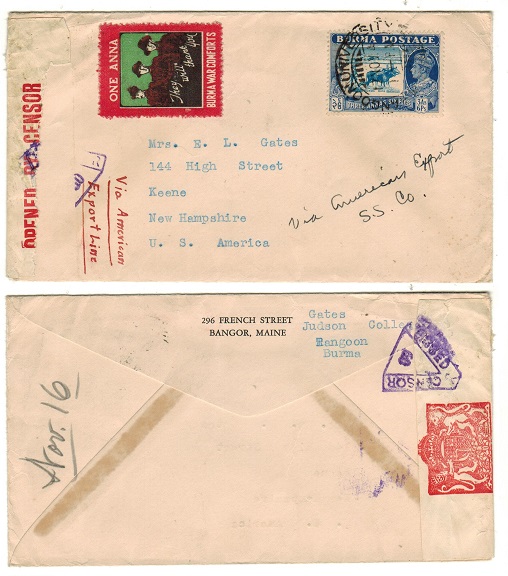 BURMA - 1941 censor cover to USA used at RANGOON UNIVERSITY with 1a BURMA WAR COMFORTS label.