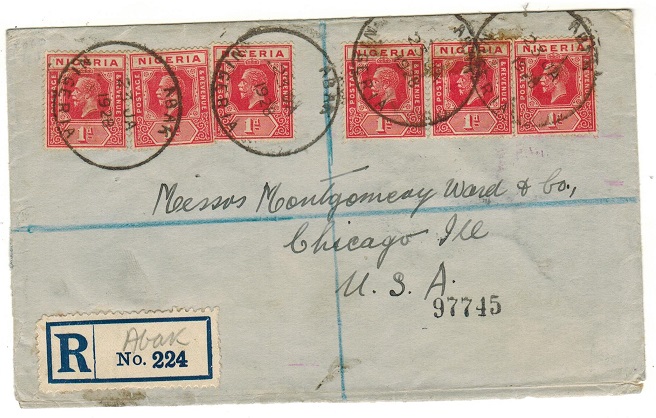 NIGERIA - 1928 6d rate registered cover to USA used at ABAK.