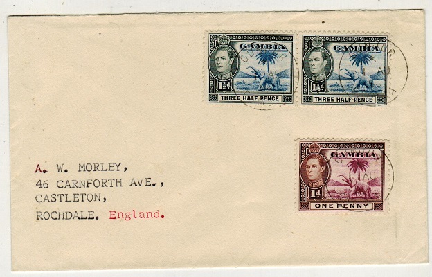 GAMBIA - 1950 4d rate cover to UK used at GUNJUR.