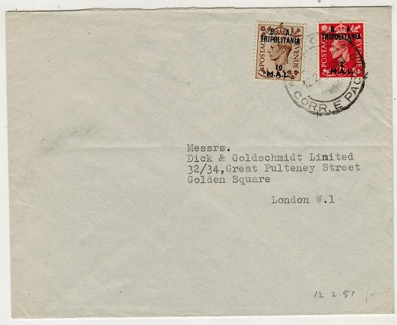 B.O.F.I.C. - 1951 12mal rate cover to UK used at TRIPOLI.