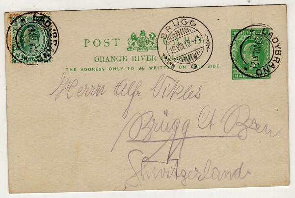 ORANGE RIVER COLONY - 1902 1/2d green PSC uprated to Switzerland and used at LADYBRAND.  H&G 40.