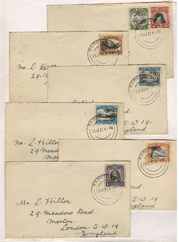 COOK ISLANDS - 1937 range of six covers to UK bearing the 1933 pictorial issue.