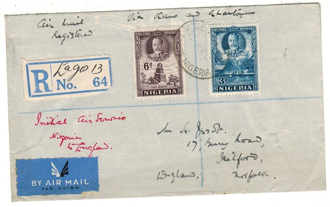 NIGERIA - 1936 9d rate registered first flight cover to UK.