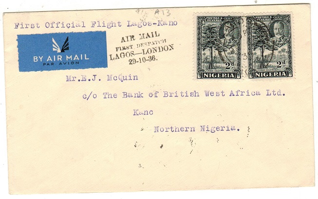 NIGERIA - 1936 4d rate first flight cover to Kano in Northern Nigeria.